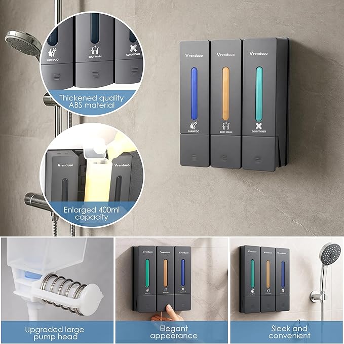 Shampoo and Conditioner Dispenser,Shower Dispenser 3 Chamber No Drill,Shower Soap Dispenser Wall Mounted for Bathroom Hotel with Upgrade Pump Head,3 * 400ml, (Gray 3 Chamber)