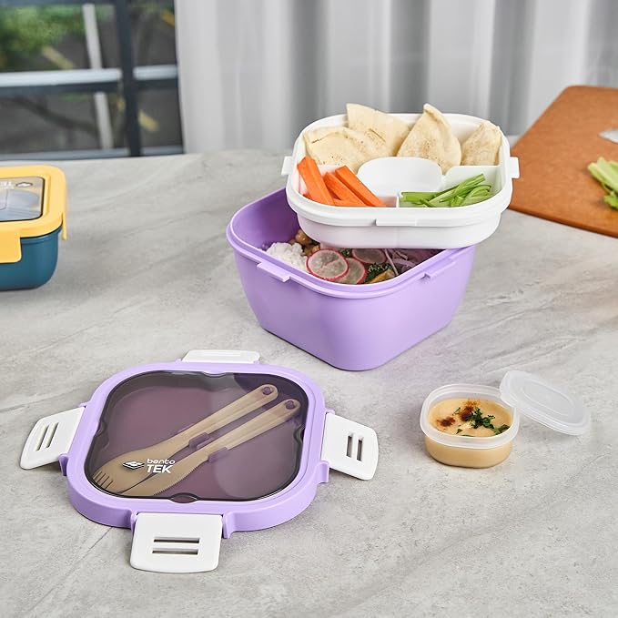 Restaurantware-Bento Tek 57.5 Ounce Bento Box, 1 Reusable Lunch Container - With Fork And Knife, Does Not Contain BPA, Purple And White Plastic Reusable Lunch Box, Microwavable, Dishwashable
