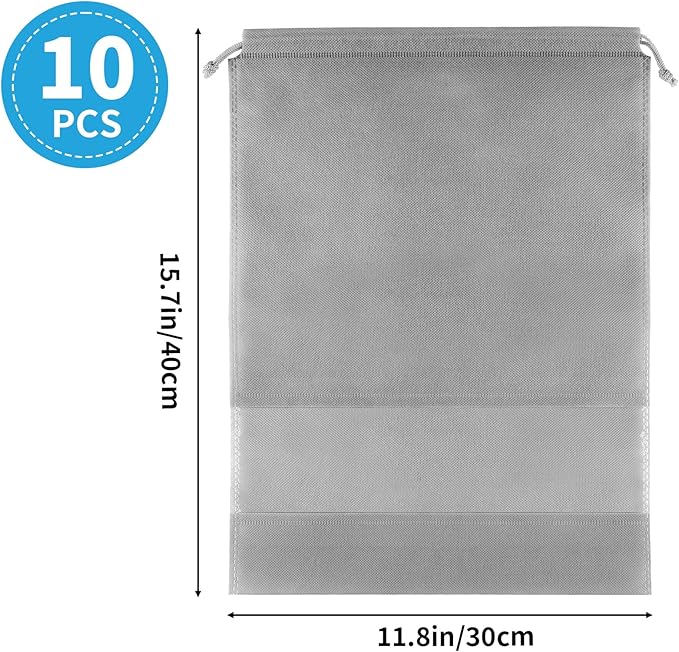 Large Gray Travel Shoe Bags, 10 Pcs with Clear Window, Non-Woven Drawstring