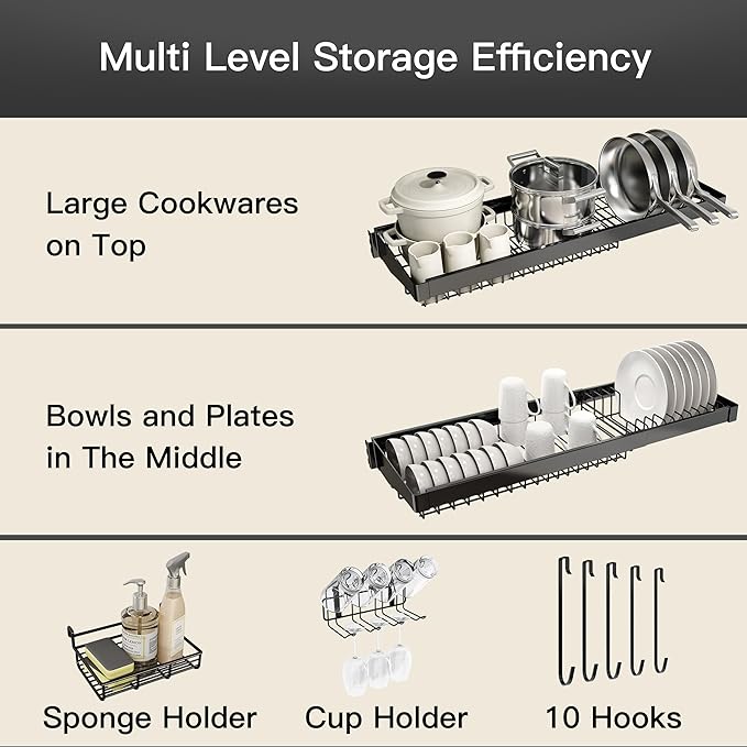 3 Tier Extra Large Stainless Steel Expandable Over The Sink Dish Drainer Drying Rack, Rust Proof Metal, Space Saving, Modern Black Big Capacity Extendable Plate Strainers Above Kitchen Counter