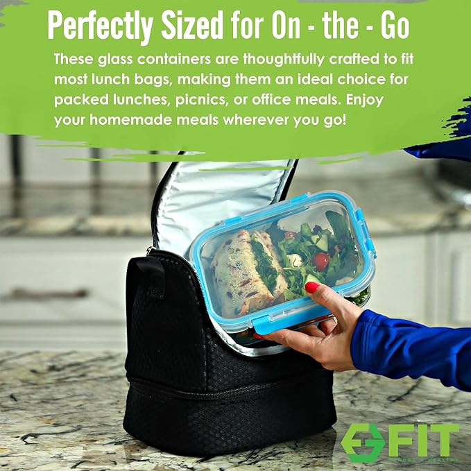 FIT Strong & Healthy Glass Meal Prep Containers, 2 & 3 Compartments - Portion Control, Lunch Container Set, Food Storage, Airtight Lids