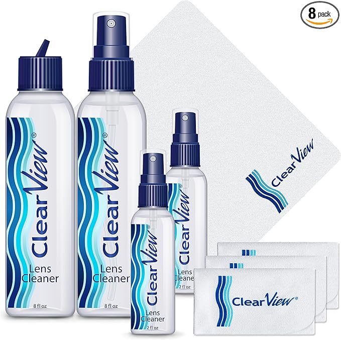 Clear View Lens Cleaner Kit – 4 Bottles + 4 Microfiber Cloths | Streak-Free Eyeglass & Screen Cleaning Spray | Safe for AR & Blue-Light Lenses