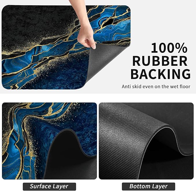 Dish Drying Mat for Kitchen Counter, Blue and Gold Marble Washable Absorbent Quick Dry Pad with Rubber Backing, Draining Mat for Dishes Coffee Table, 12" x 20"