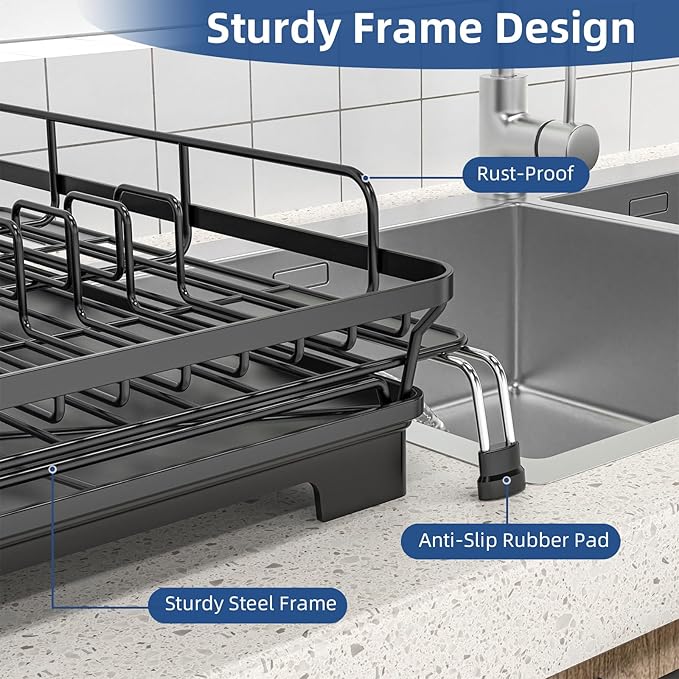 Expandable Dish Drying Rack, Rust-Proof Metal Dish Racks for Kitchen Counter with 360° Swivel Drain Spout, Space-Saving Dish Drainer with Utensil Holder for Small Apartment & Home Organization, Black
