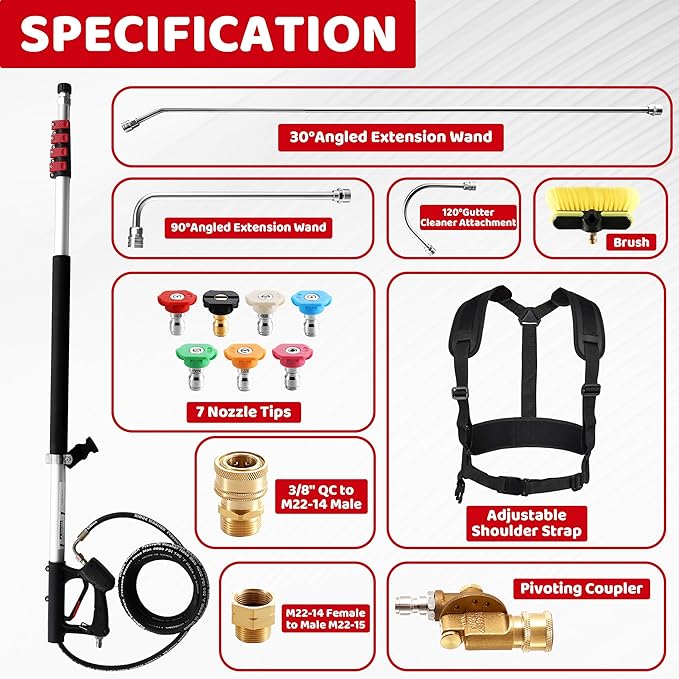 RIDGE WASHER 24 FT Telescoping Pressure Washer Wand, Power Washer Extension Wand with Brush