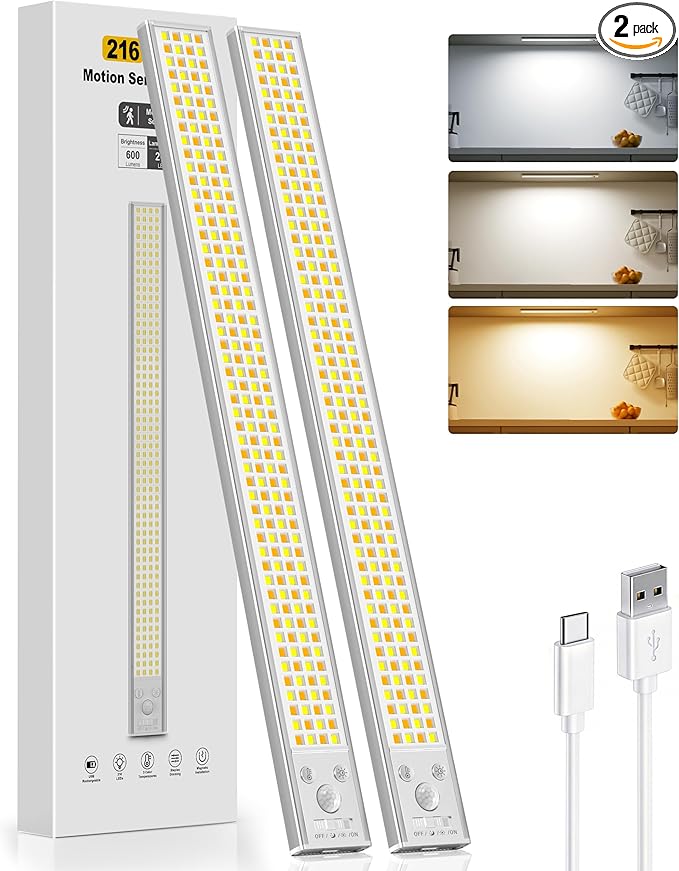 16inch Under Cabinet Lighting, 216LED Motion Sensor Light Indoor, Rechargeable Closet Lights, 3 Color Temps, Dimmable, Wireless Under Counter Lights for Kitchen, Stairs, Pantry, 2 Pack