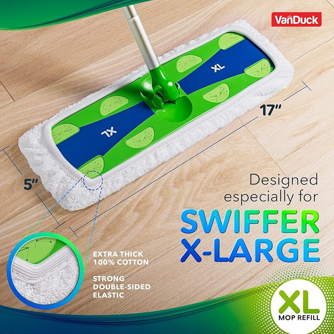 VanDuck XL Cotton Mop Pads Compatible with Swiffer XL (2 Pack) - Extra Large Wet and Dry Pads Refills - Cotton Covers Reusable Mop Heads (Handle is Not Included)