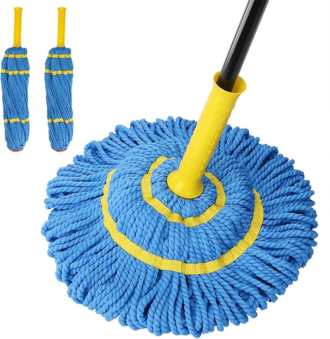 Self-Wringing Twist Mops with 1 Extra Refill, Microfiber Mops for Floor Cleaning with 57 " Long Handle, Easy Wringing Floor Mop for Hardwood Commercial Household Clean (1 Handle & 2 Mop Heads)