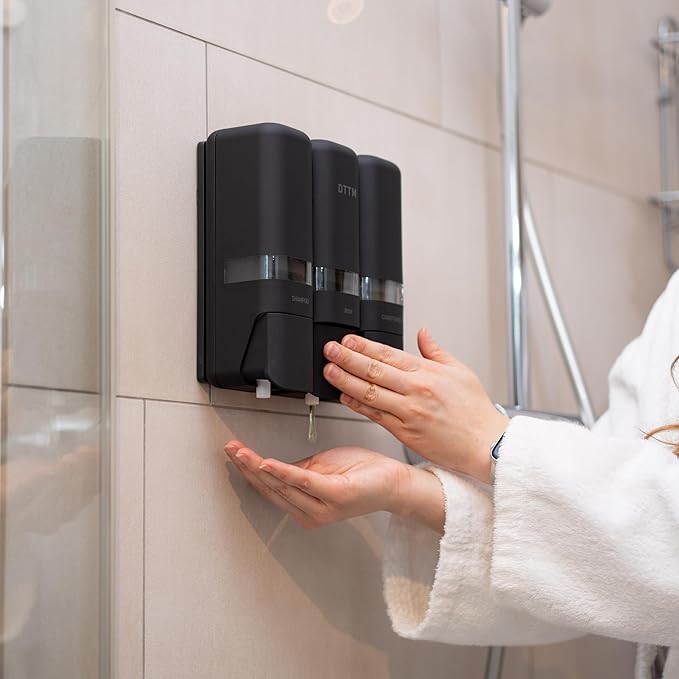 Shower Soap Dispenser 3 Chamber No Drill, Wall Mounted Shampoo Conditioner Body Wash Dispenser, Stick-On Installation, Lockable Matte Black, Refillable 250ml x 3 for Bathroom & Hotel