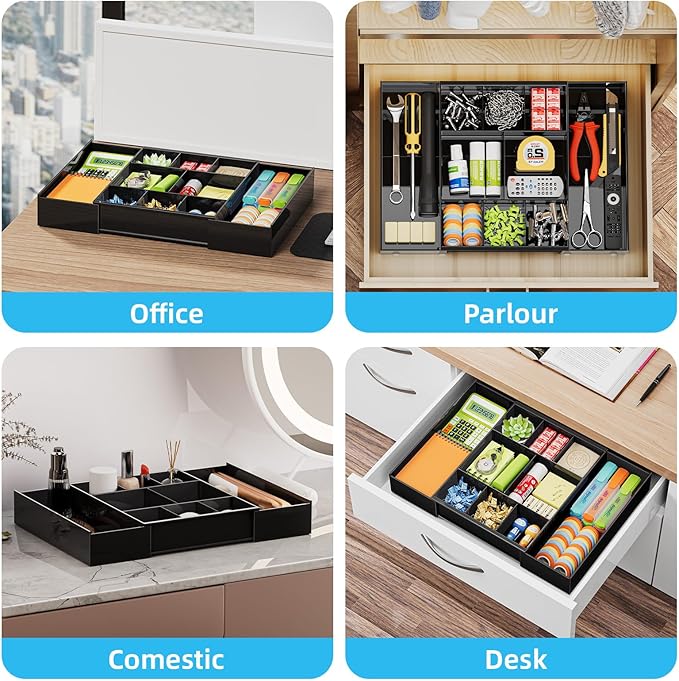 Marbrasse Expandable Desk Drawer Organizer, Clear Plastic Drawer Organizer Tray with 10 Adjustable Compartments, Desk Organizers and Accessories
