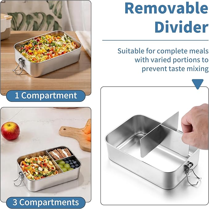 TeamFar Stainless Steel Bento Box, 47oz/1400ML Metal Lunch Box with Leak-Proof Lid for Adults/Kids, Lunch Food Containers with 3 Compartments for School/Work/Meal Prep, Heavy Duty & Dishwasher Safe
