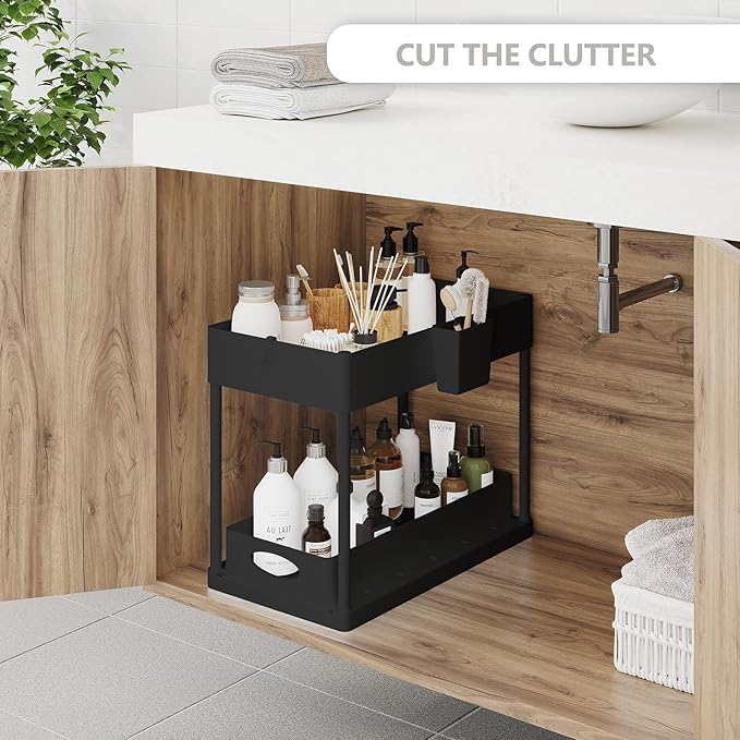 Under Sink Organizers and Storage, Bathroom Cabinet Organizer, Sink Shelf with Utility Hooks and Side Caddy for Under Cabinet Storage | Under Kitchen Sink Organizer with Sliding Drawer, Black (1-Pack)