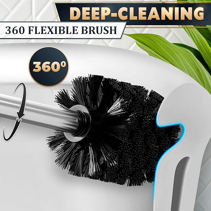 Silver Modern Toilet Brush and Holder Set with Wall Mount - Stainless Steel Toilet Brush with Holder - Removable Inner Bowl, Shiny Design, Splash Protection & Dense Bristles for Bathroom Cleaning