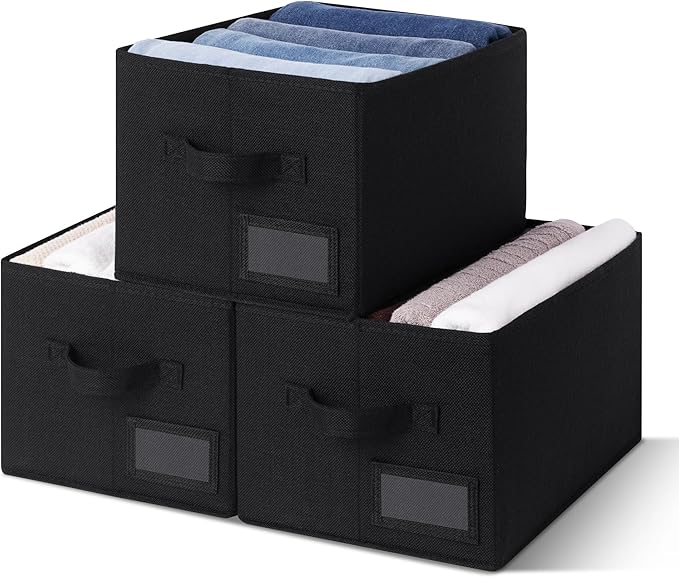 GRANNY SAYS Shelf Storage Bins, Fabric Storage Baskets for Closet and Clothes, Collapsible Storage Boxes with Handles, Decorative Storage Containers for Bedroom, Black, Medium, 3-Pack