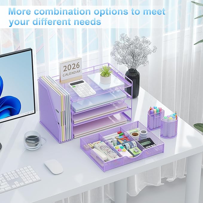 gianotter Desk Organizers and Accessories with File Holder, 4-Tier Desk Accessories & Workspace Organizers with Drawer and 2 Pen Holder