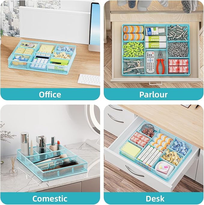 Marbrasse Desk Drawer Organizer, Metal Mesh Drawer Organizer Tray with 5 Adjustable Compartments,Desk Organizers and Accessories for Home,Office