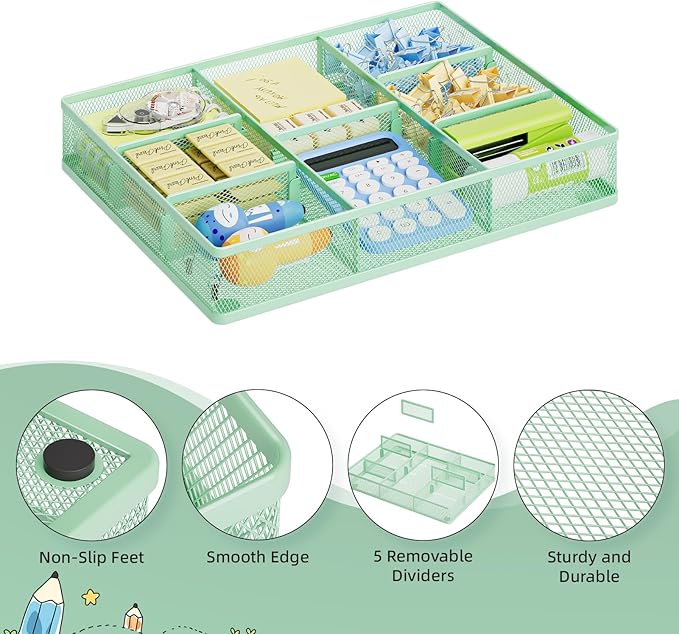 Marbrasse Desk Drawer Organizer, Metal Mesh Drawer Organizer Tray with 5 Adjustable Compartments,Desk Organizers and Accessories for Home,Office