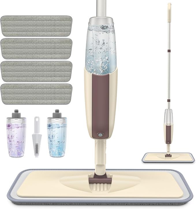 HOMTOYOU Spray Mop for Floor Cleaning: Wet Mop with 4 Washable Microfiber Pads and 2 Refillable Bottles for Hardwood Laminate Wood Vinyl Ceramic Tiles Home Kitchen