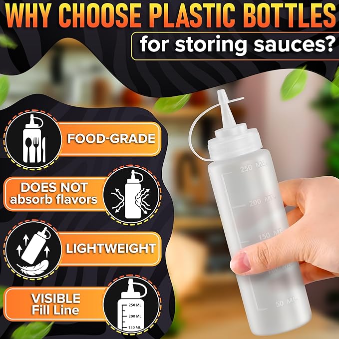 10-Pack Plastic Condiment Squeeze Bottles 8 oz – Refillable Leak-Resistant Squirt Bottles with Narrow Tip | Great for Oil, Sauces, Ketchup, Mayonnaise, Syrup, Dressing, BBQ, & Pantry Organization