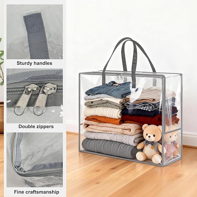 Clear Clothes Storage Bags, 96L Plastic Blanket Comforter Storage Bag, 4 Pack Vinyl Moving Bags,Closet Organizers and Containers for Bedding,Duvet,Toys,Seasonal Clothing,24” Christmas Wreaths,Grey