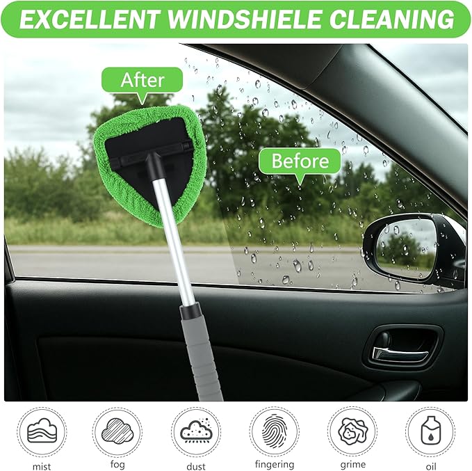8 Pcs Car Window Cleaner Kit Triangle Shape Include Windshield Cleaning Tool with Extendable Handle 5 Microfiber Bonnets 1 Car Ventilation Brush 1 Empty 50ml Spray Bottle Glass Wiper Kits, Green