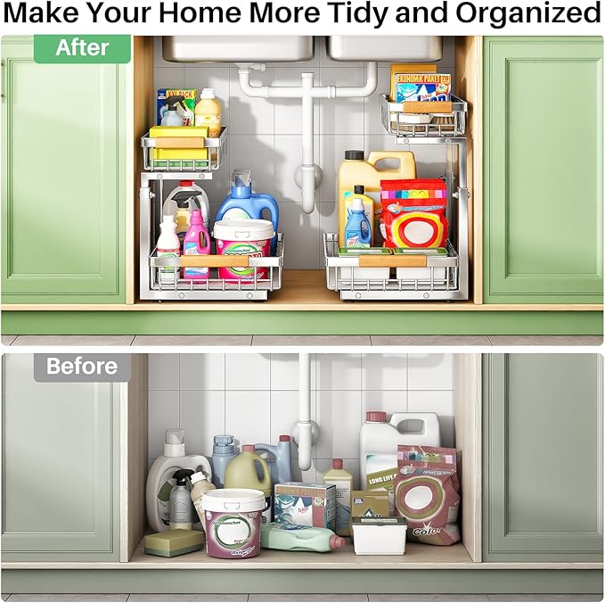 Under Sink Organizer, Stainless Steel 2 Packs 2 Tier Under Sink Organizers and Storage, Slide out Pull out Cabinet Shelf