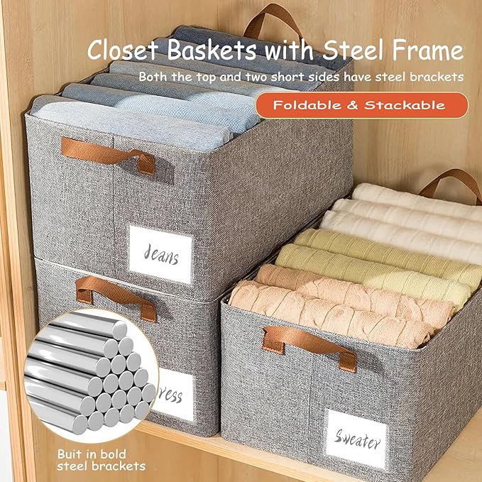Linen Closet Organizer Storage Bin with Steel Frame, 23L Gray