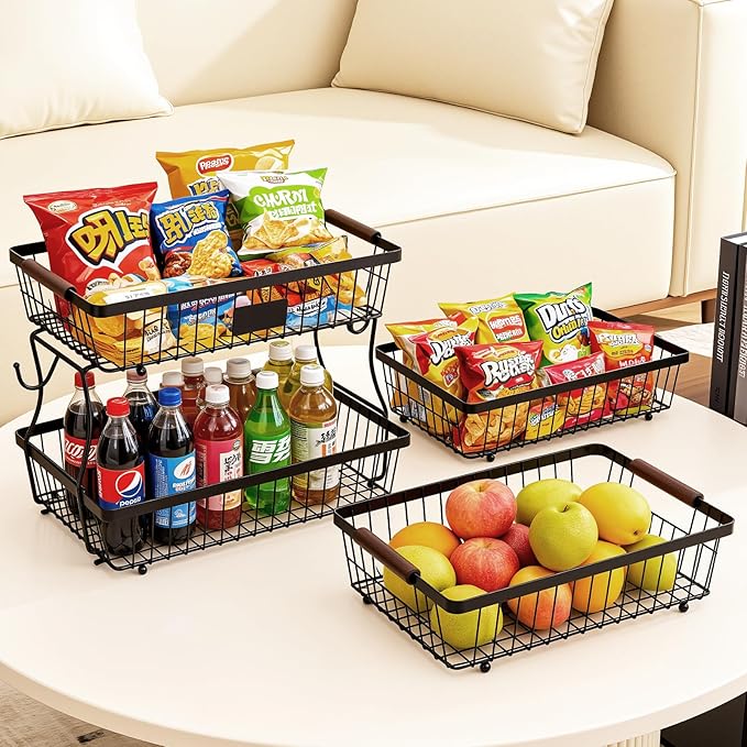 2-Tier Stackable Wire Basket with 2 Banana Hooks, Pantry Organizer for Kitchen Countertops, Cabinets & Under-Sink Spaces; Ideal for Storing Snacks, Fruits, Veggies, Onions, Potatoes, & More,Black