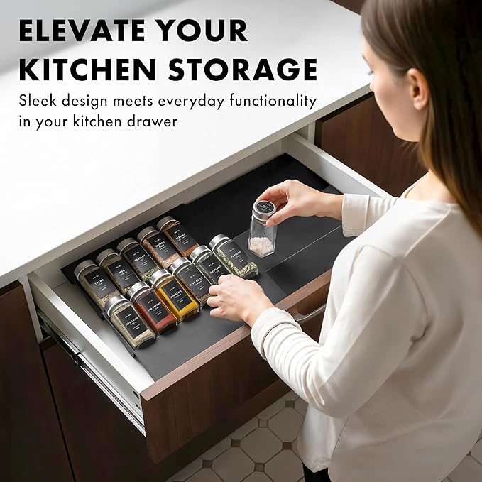 EDELHAUS Spice Drawer Organizer - Expandable Spice Rack for Drawer, Black Seasoning Organizer for Drawer Spice Organizer, Spice Organization Seasoning rack insert for Cabinet (Jars Not Included)