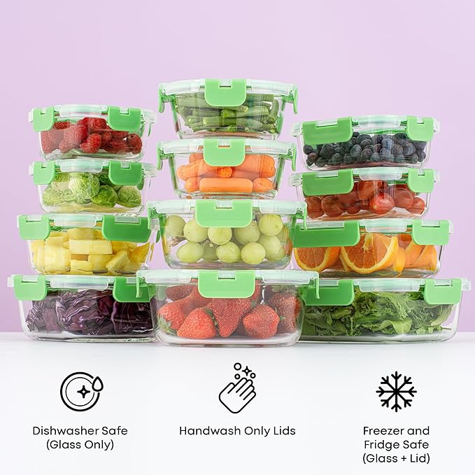 JoyJolt 24pc Borosilicate Glass Storage Containers with Lids | 12 Airtight/Freezer Safe Food Storage Containers for Pantry and Kitchen | Meal Prep Container for Lunch | Glass Tupperware Set