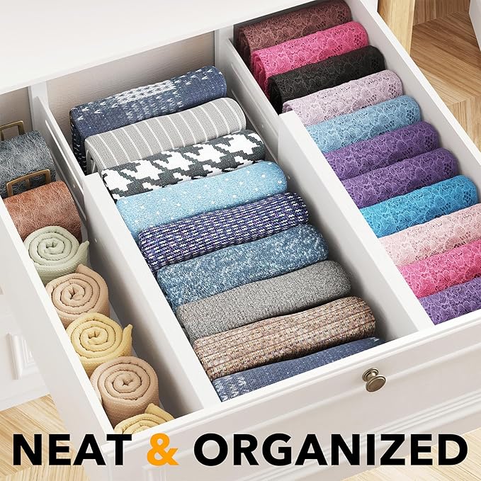 SpaceAid Bamboo 4 Pack Dresser Drawer Dividers, 4.65“ High Adjustable 12.5“-17” Drawer Organizers, Expandable Organization for Clothing, Clothes