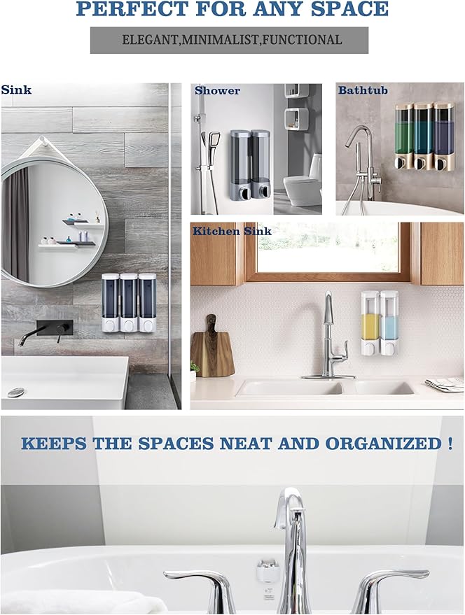 RANKADO Luxury Shower Soap Dispenser Bathroom with Tray,Drill Free Shampoo and Conditioner Dispenser with Mounting Tapes,Shower Soap Dispenser with Labels,Shampoo Dispenser for Shower Wall
