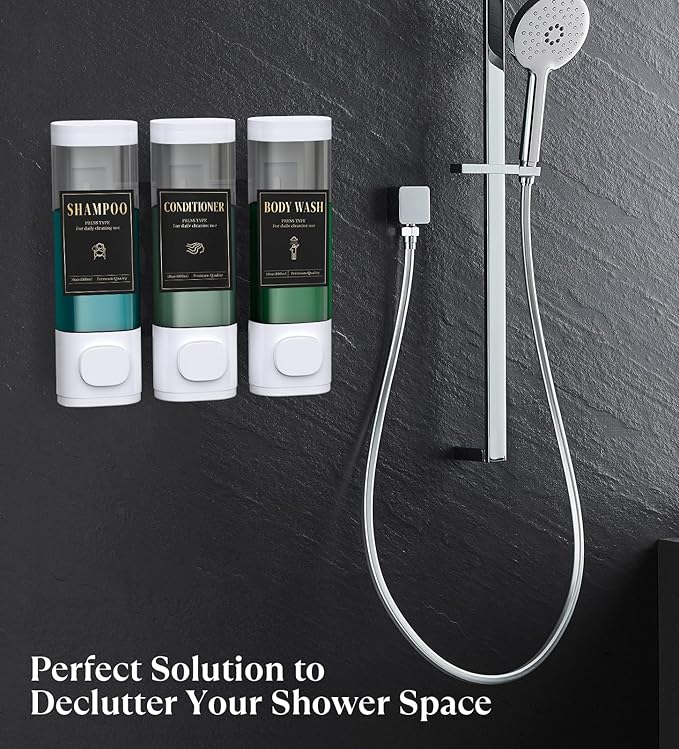 Luxspire Shampoo and Conditioner Dispenser, No Drill Wall Mounted Shower Soap Dispenser 3 Chamber with Waterproof Labels, Easy Refill Soap Dispenser for Bathroom Hotel Kitchen, White