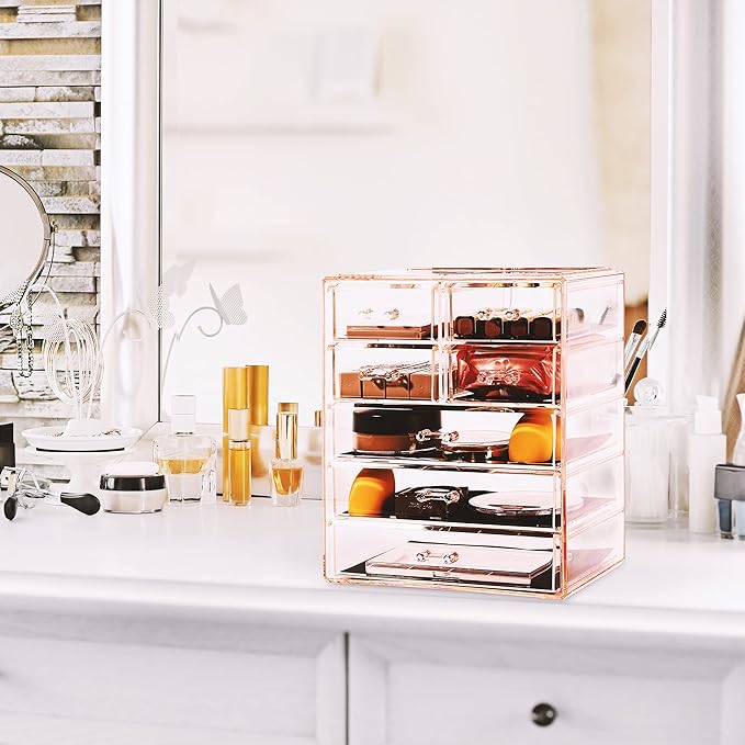 Sorbus Acrylic Makeup Organizer Set, 7-Drawer Vanity & Countertop Cosmetic Storage with Small & Wide Drawers, Pink Makeup Storage for Brushes