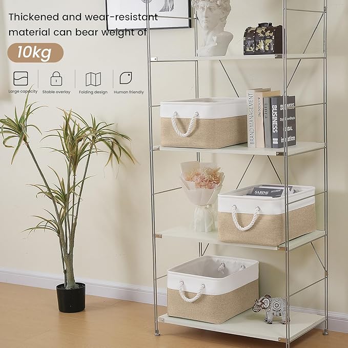 Large Storage Baskets- 15.7x11.8x8.26 inch Storage Bins for Shelves and Closet Organizing, Foldable Fabric Bin for Home Organization Clothes and Laundry (1-Pack, White&Khaki)