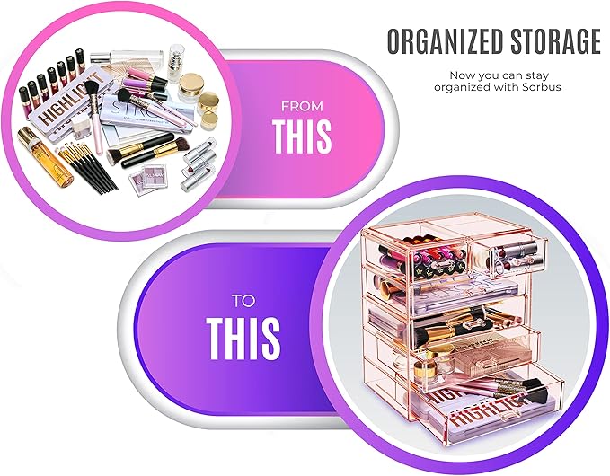 Sorbus Acrylic Makeup Organizer Set, 6-Drawer Vanity & Countertop Cosmetic Storage with Small & Wide Drawers, Pink Makeup Storage for Brushes