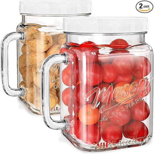 2 Pack Large Mason Jars, 74 oz Wide Mouth Glass Jar with Lid for Fridge, Glass Canisters DIY Favor Decor, Food Container for Sugar, Cookie, Flour, Pickle