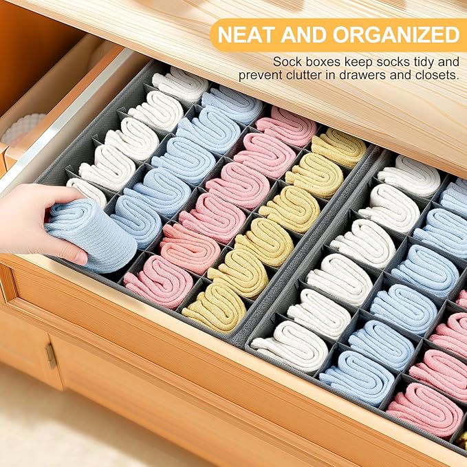 Joyoldelf Sock Drawer Organizer Divider Underwear Organizer 24-cell Fabric Dresser Drawer Organizers Storage Boxes for Socks Lingerie, Handkerchiefs, Ties 4 Pack (Gray)