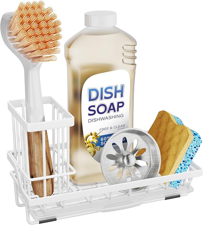 SWTYMIKI Sink Caddy Sponge Holder - Kitchen Sink Organizer with High Brush Holder for Countertop to Hold Dish Soaps and Sponges, Stainless Steel, White