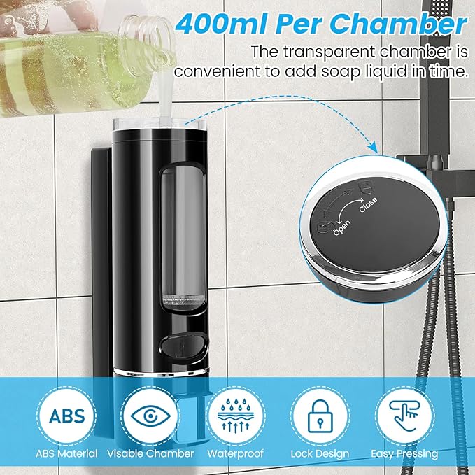 Wall Mounted Hand Soap Dispenser, 400ml Bathroom Shower Dispenser Gel Container Shower Pump Dispenser and Organizer for Bathroom Kitchen Hotel, Refillable Liquid Lotion Soap Dispenser, Black