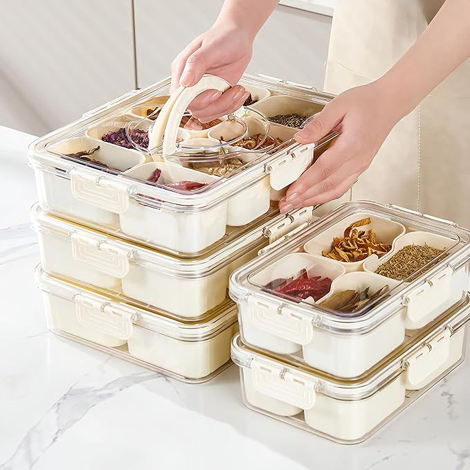 MineSign Divided Snackle Box with Handle Food Serving Tray Charcuterie Board with Lid Stackable Fruit&Veggie Container with 8 Small with Removable Boxes for Travel Snack Candy Nuts Spice