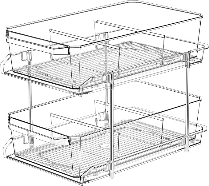 2 Tier Clear Organizer with Dividers for Cabinet, Shlef, Counter