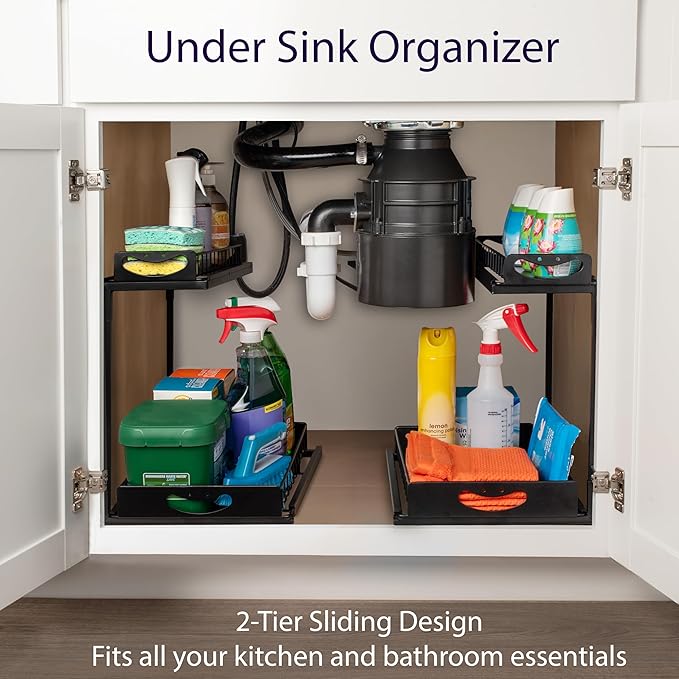 ClearSpace Under Sink Organizer, Pull Out Cabinet Organizer, 2 Pack - 2 Tier Slide Out Organizers and Storage Shelf - Metal Sliding Drawer for Kitchen Bathroom Pantry Cabinet Organization Rack, Black