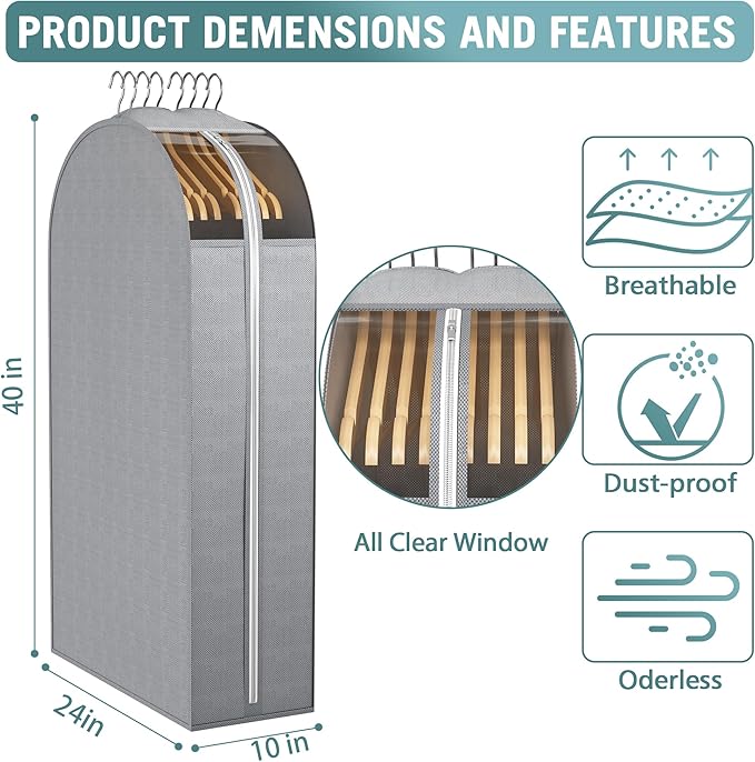 Liuoud 10" Gusseted Garment Bags for Hanging Clothes with Clear Window, 40" Suit Bags for Open Closet Storage, Clothing Cover for Coat, Dress, Jacket, Shirt, Fur Wardrobe Protector, 3 Packs