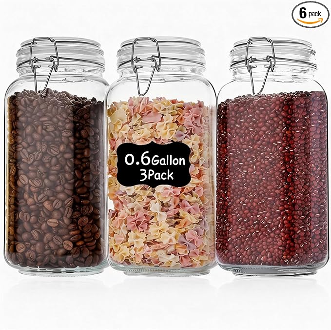 3 Pack 78oz Mason Glass Jars with Clamp Lids, Large Clear Airtight Food Storage Containers, Glass Canisters for Coffee, Sugar, Flour, Pasta, Spices, BPA-Free
