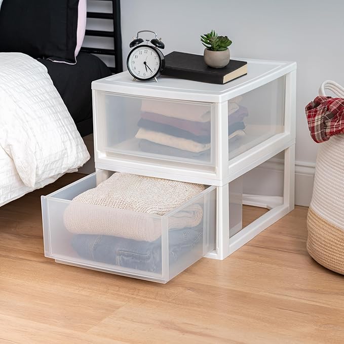 IRIS USA 30 Qt. Plastic Drawer Storage Organizer Stacking Drawers, 2-Pack, Stackable Unit with Sliding Drawer for Clothes Bedroom Kitchen Under Sink Pantry Craft Room Bathroom Dorm Office, White