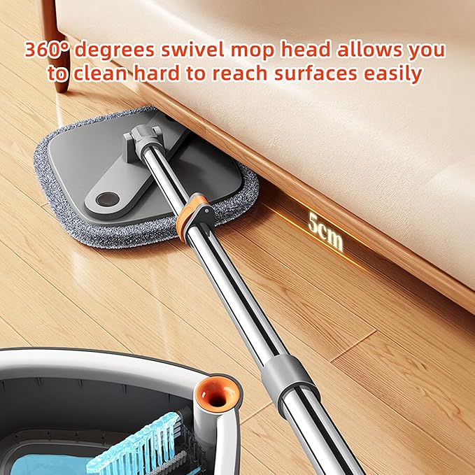 Spin Mop and Bucket Set with Self Separation Dirty and Clean Water System with 6pads, Square Mop Bucket Self Wringing 360° Rotating Clean Floor Mop-Head for Hardwood Tile Marble Floors-6Pads