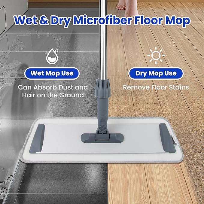 Microfiber Flat Mops for Floor Cleaning, Wet Dry and Dust Mop with 4 Reusable Washable Pads, Bathroom Kitchen Mop with Long Stainless Steel Handle for Laminate Hardwood Wooden Wall Vinyl Tile