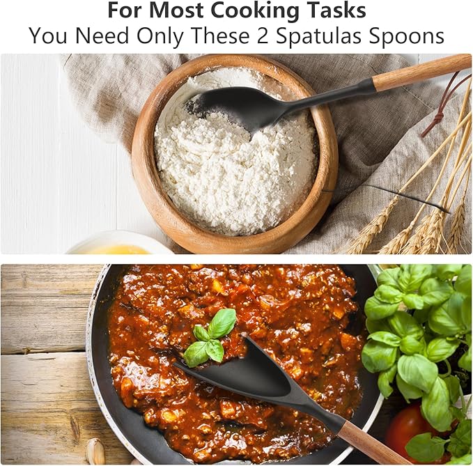 2 Pcs Silicone Spatula Spoon Set with Wood Handle - Kitchen Cooking Utensil for Non-Stick Pans, Mixing & Serving - Heat Resistant Flexible & Ladle for Cooking, Flipping, Stirring