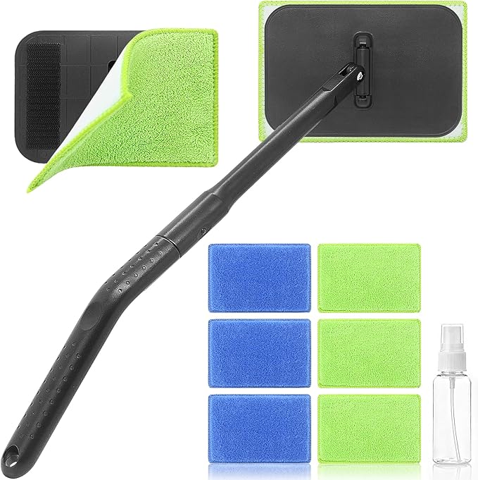 Windshield Cleaner Tool with 6 Reusable Magic Fiber Pads & Spray Bottle, Removable Handle Car Window Wiper Kit for Interior/Exterior Glass, Trucks